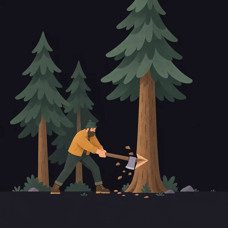 A lumberjack in an amber jacket swings an axe at the base of a tall pine.