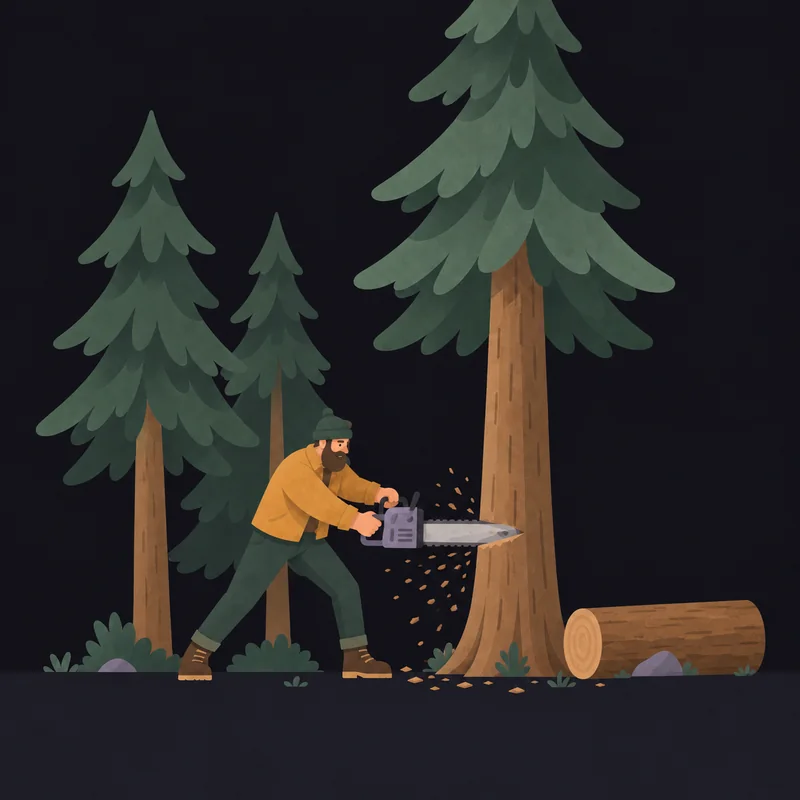 The same lumberjack cuts through the trunk with a chainsaw, a felled log beside them.