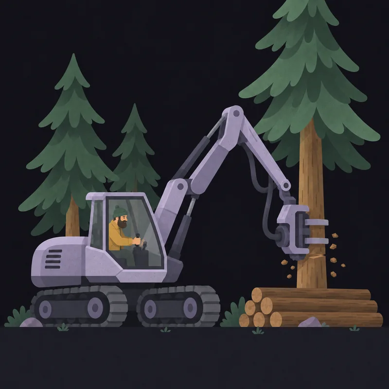 A forestry harvester grips and cuts a pine, with the amber-jacketed operator visible in the cab.