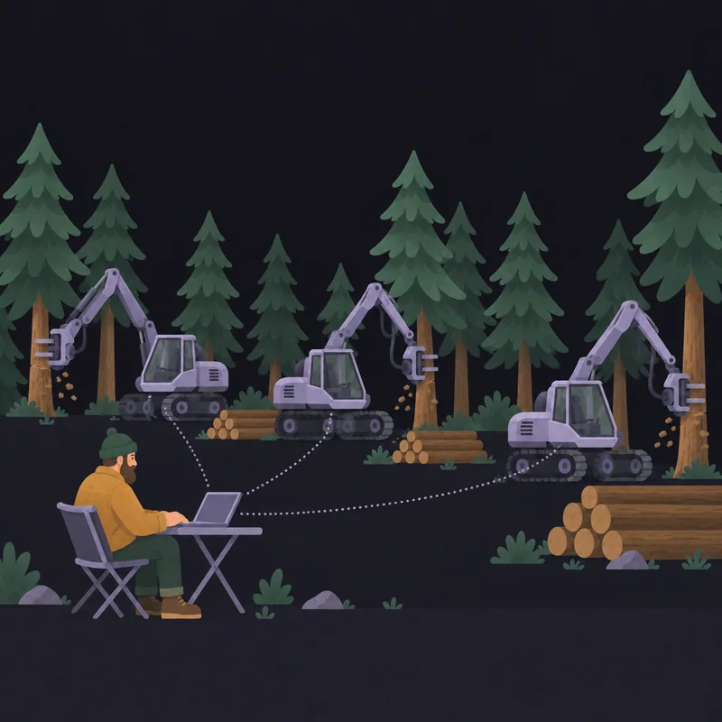 Three driverless harvesters work along the forest edge while one person watches them from a laptop at a folding desk.
